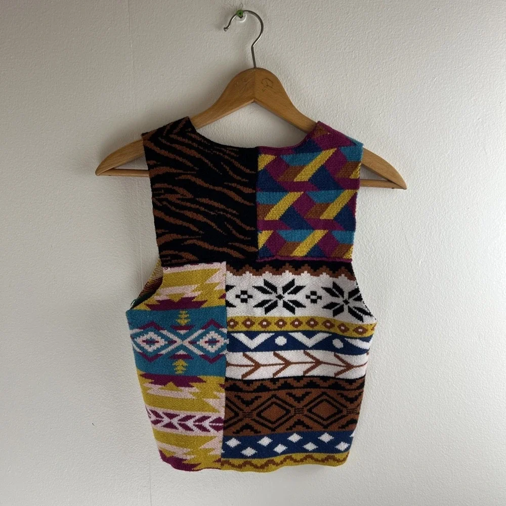 Patchwork‎ Sweater Vest Tank Junior Sz Med Crop Colorful Maximalist Knit Fun